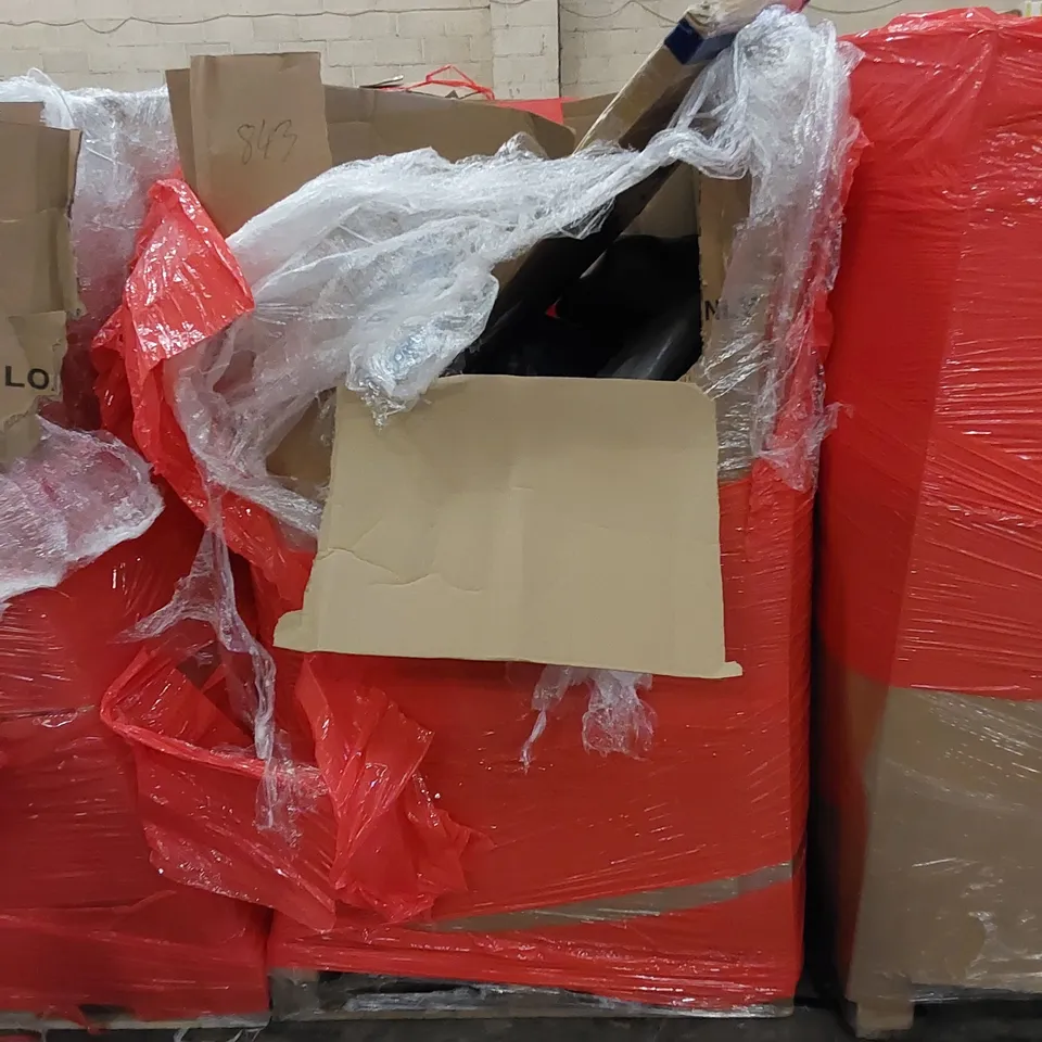 PALLET TO CONTAIN ASSORTED HOUSEHOLD ITEMS AND CONSUMER PRODUCTS. INCLUDING TOILET SEAT, BOXED FURNITURE ETC