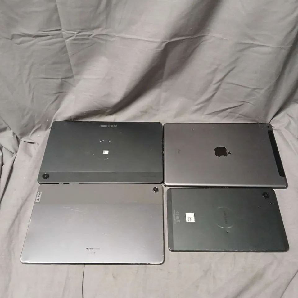 LOT OF 4 ASSORTED HEAVILY DAMAGED TABLETS TO INCLUDE - APPLE - SAMSUNG - LENOVO