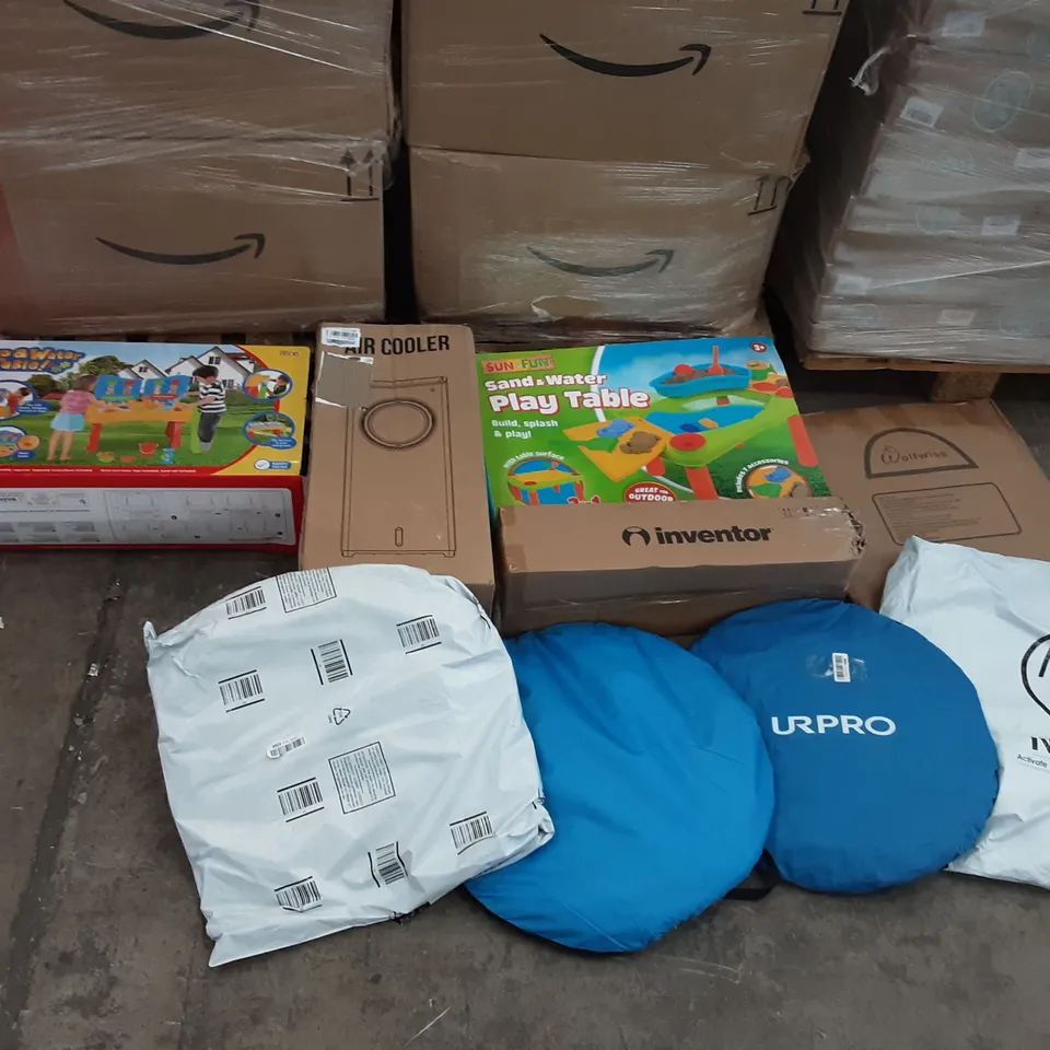 PALLET OF ASSORTED PRODUCTS TO INCLUDE SUN N FUN SAND & WATER PLAY TABLE, AIR COOLER, WOLFWISE, SAND & WATER TABLE, NEWER, SENMORE 