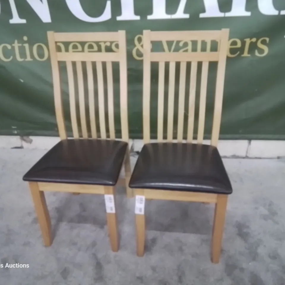 PAIR BALI OAK DINING CHAIRS BROWN SEAT PADS 