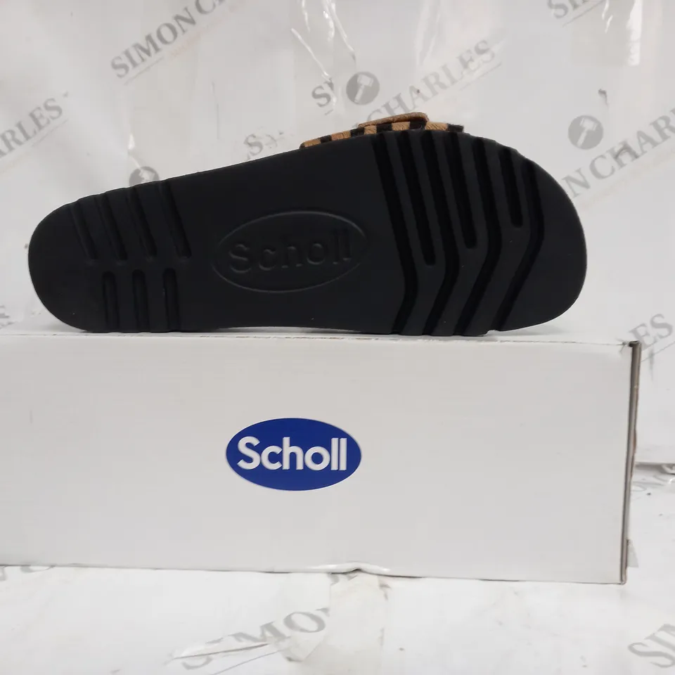 BOXED PAIR OF SCHOLL SANDALS LEATHER SOLE FURY STRIPED STRAP IN BROWN SIZE 6