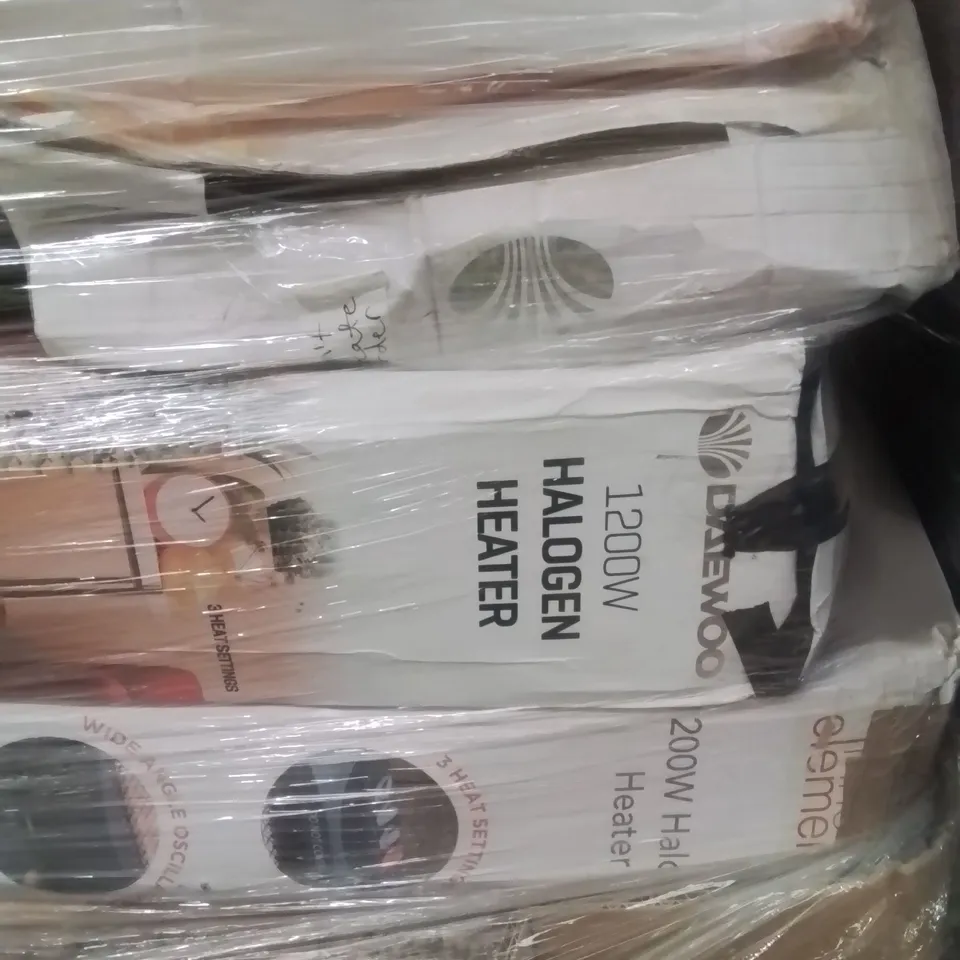 PALLET CONTAINING VARIOUS ELECTRICAL ITEMS AND HOUSEHOLD PRODUCTS TO INCLUDE:2000W HALOGEN HEATER,1200W HEATER