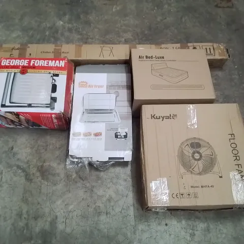 PALLET CONTAINING ASSORTED PRODUCTS INCLUDING: AIR BED-LUXE, FLOOR FAN, GEORGE FOREMAN GRILL, LARGE OVEN AIR FRYER, CLOTHES DRYER ECT