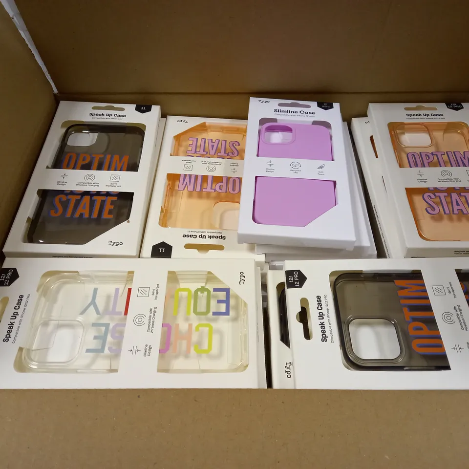 BOX OF APPROXIMATELY 54 TYPO PHONES CASES ('SLIMLINE CASE' & 'SPEAK UP CASE') FOR IPHONE 11, 12 MINI, 12/12PRO IN VARYING COLOURS