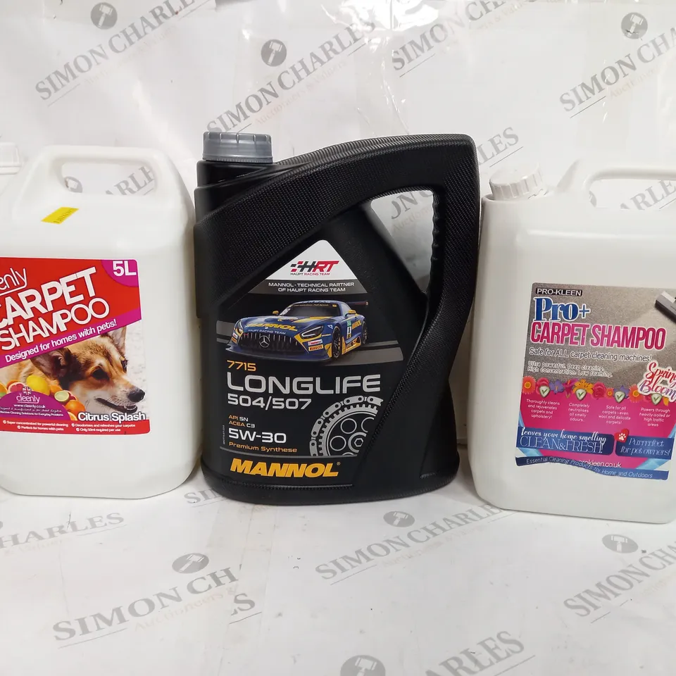 BOX OF 3 ASSORTED LIQUIDS TO INCLUDE - CLEENLY CARPET SHAMPOO - PRO+ CARPET SHAMPOO - HRT LONGLIFE 504/507 ECT