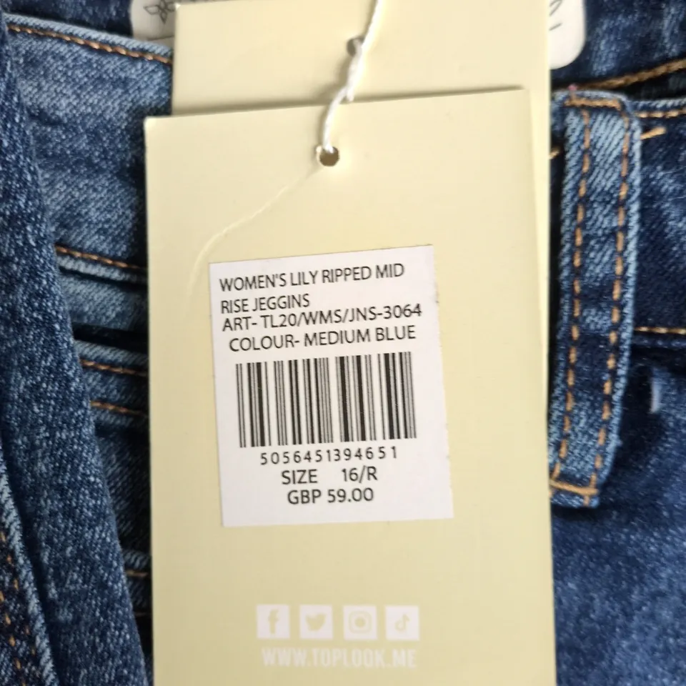 TOPLOOK WOMEN'S LILY RIPPED MID RISE JEGGINGS – MEDIUM BLUE, UK SIZE 16