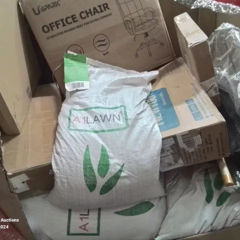 PALLET CONTAINING VARIOUS BOXED MIXED ITEMS TO INCLUDE: MOSTLY BAGS OF A1 GRASS SEED, OFFICE CHAIR AND KIDS BALANCE BIKE