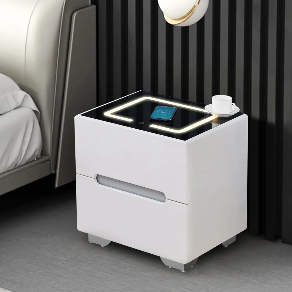 BOXED ERINN LED LIGHT BED SIDE TABLE - WHITE AND BLACK (1 BOX)
