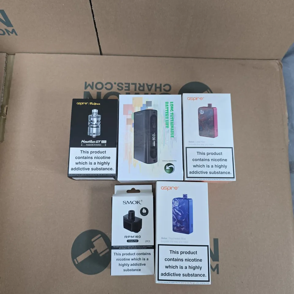 BOX OF APPROXIMATELY 30 ASSORTED E-CIGARETTES AND ACCOMPANIMENTS TO INCLUDE: ASPIRE MULUS