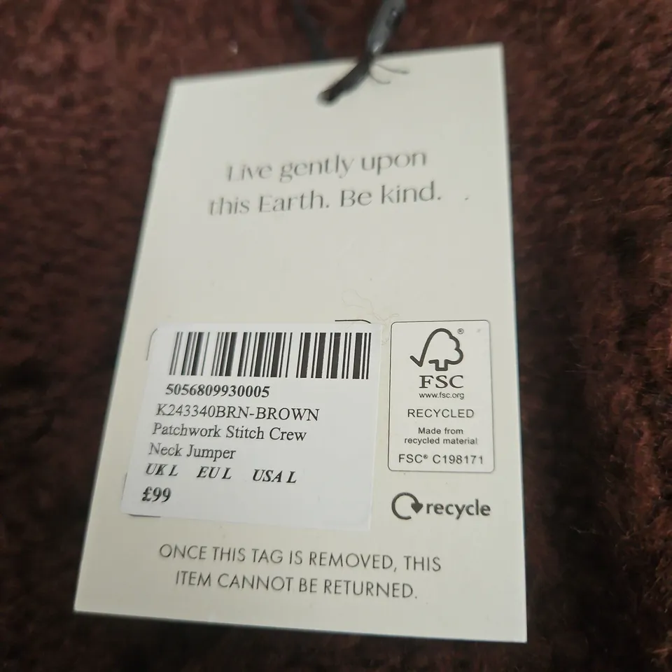 NOBODY'S CHILD PATCHWORK STITCH CREW NECK JUMPER – BROWN, UK L (EU L / US L)