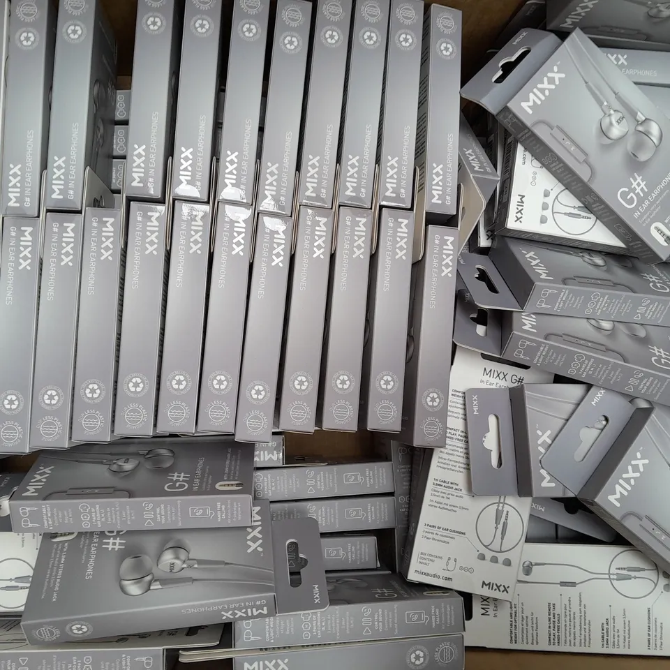 BOX OF APPROXIMATELY 50 MIXX G# IN EAR HEADPHONES IN SILVER