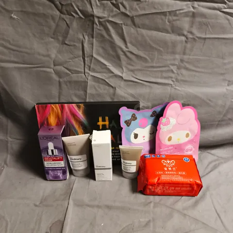 APPROXIMATEY 20 ASSORTED HEALTH AND BEAUTY PRODUCTS TO INCLUDE - FACE MASKS - THE ORDINARY HYALURONIC ACID 2% - HAIR CHALK - ETC