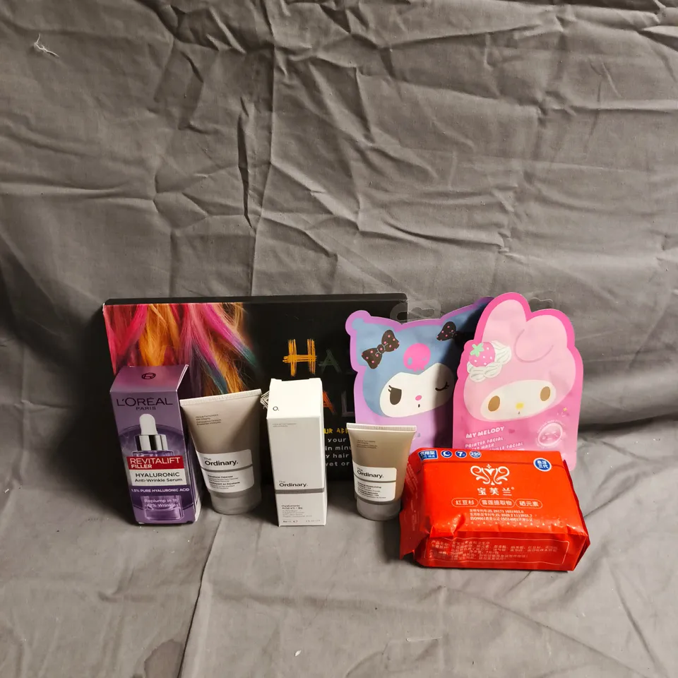 APPROXIMATEY 20 ASSORTED HEALTH AND BEAUTY PRODUCTS TO INCLUDE - FACE MASKS - THE ORDINARY HYALURONIC ACID 2% - HAIR CHALK - ETC