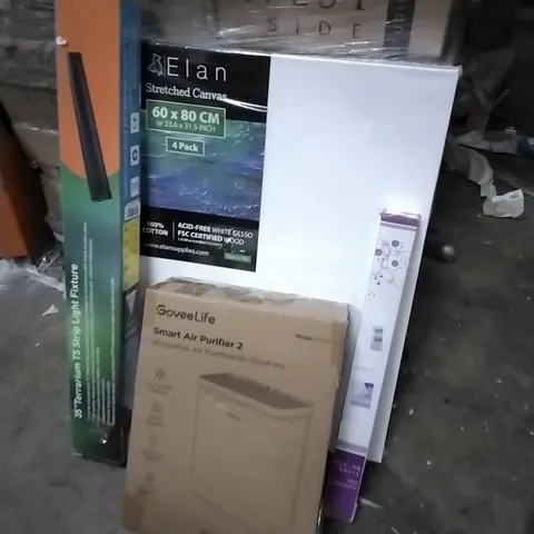 PALLET OF HOUSEHOLD ITEMS TO INCLUDE SMART AIR PURIFIER 2, 35" TERRARIUM STRIP LIGHT FIXTURE,  STRETCHED CANVAS,  FLIP CHART PAD AND OTHER ASSORTED ITEMS...