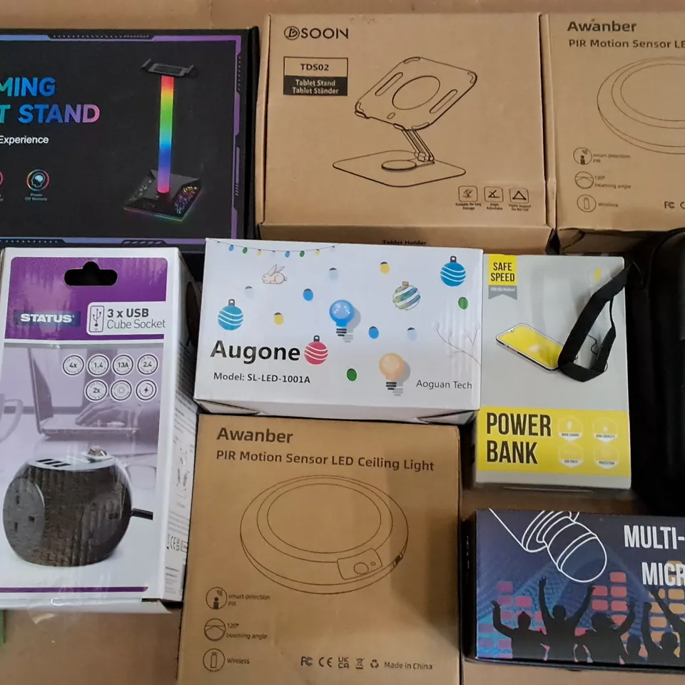 LARGE QUANTITY OF ASSORTED ITEMS TO INCLUDE POWER BANK, RGB HEADSET STAND AND LED CEILING LIGHT