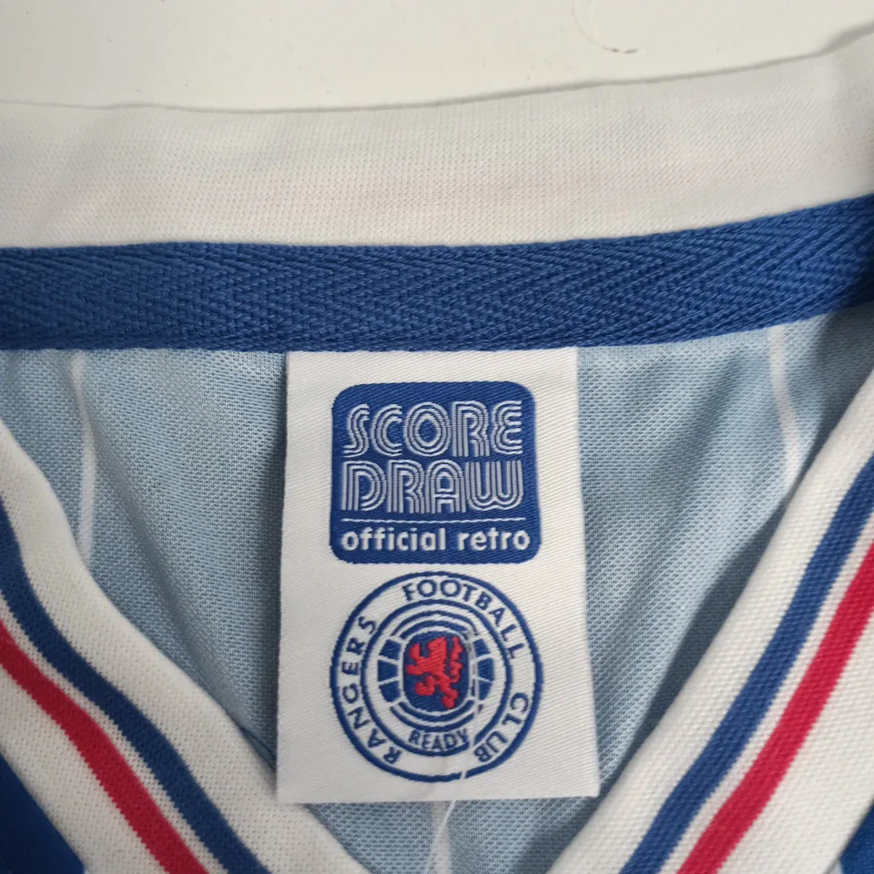 RANGERS FC SCORE DRAW OFFICIAL RETRO FOOTBALL SHIRT – BLUE PINSTRIPE, SIZE L