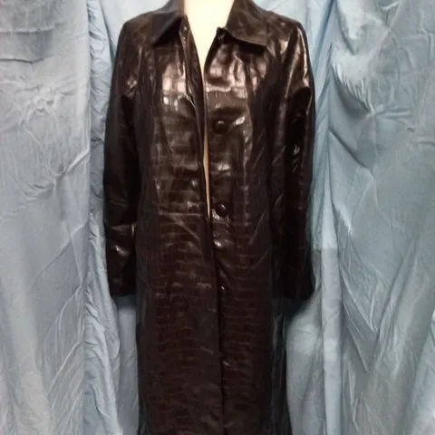 M&S LONG LINE BUTTON THROUGH SNAKE EFFECT JACKET IN BROWN - 12