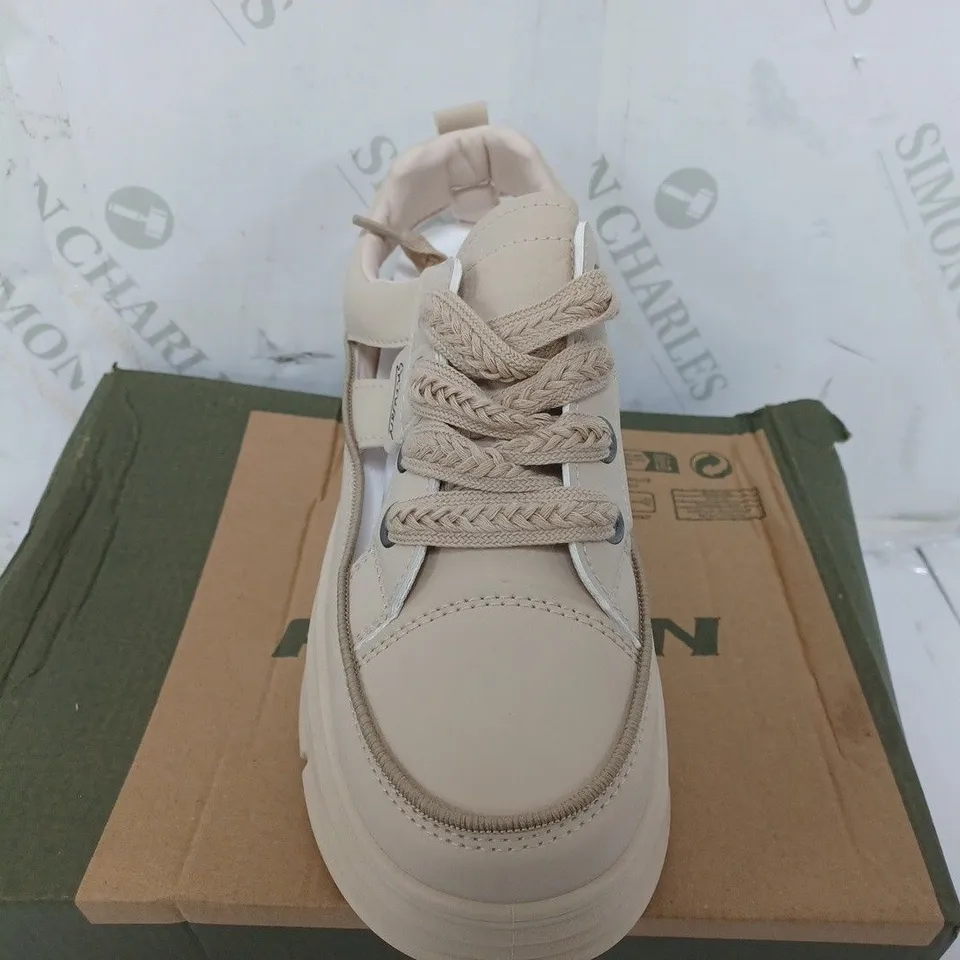 BOXED PAIR OF FASHION LACE UP PLATFORM SHOES IN BEIGE - SIZE 39