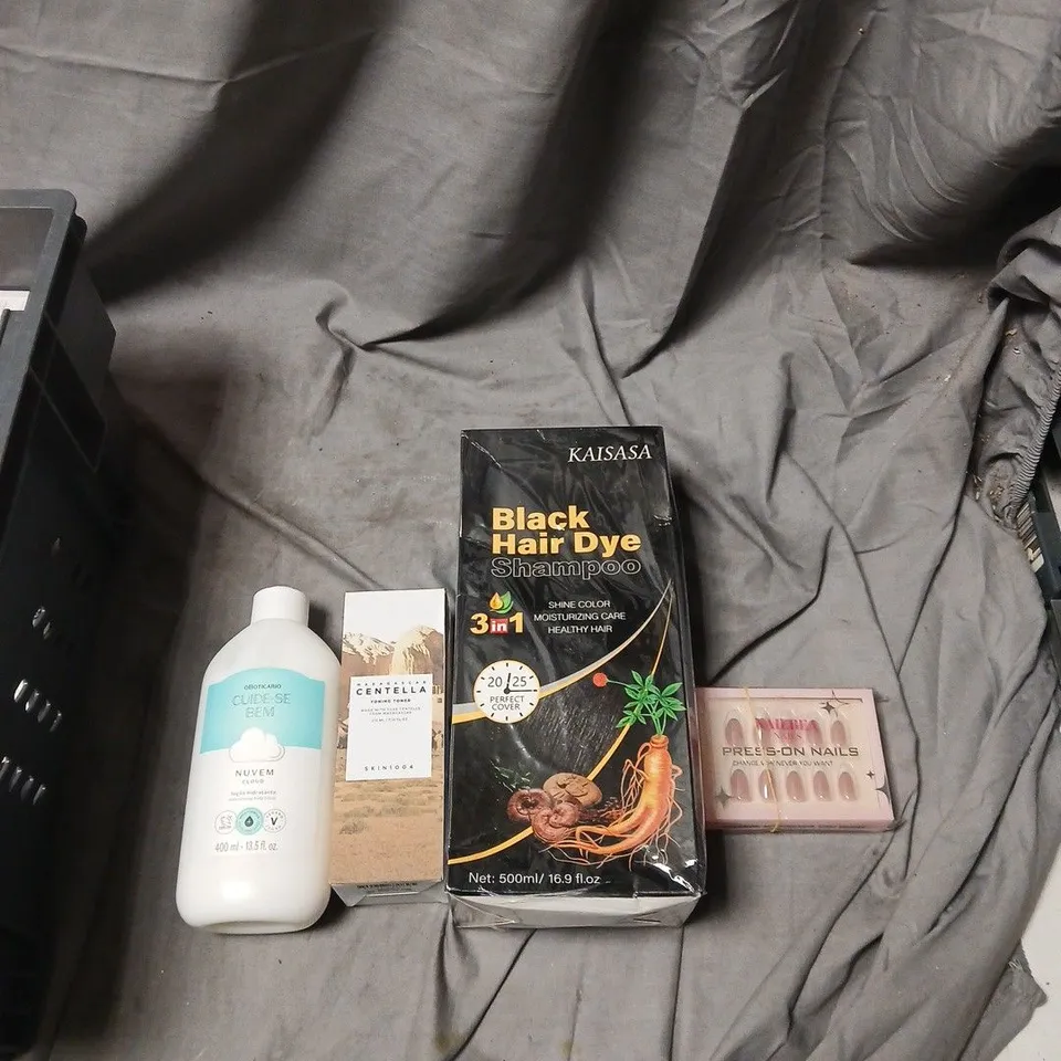 APPROXIMATLEY 30 ITEMS INCLUDING ASSORTED HEALTH & BEAUTY ITEMS – SKINCARE, HAIR DYE SHAMPOO & NAIL CARE KAISASA BLACK HAIR DYE SHAMPOO AND GRUM GLOS CODITIONING BAR .