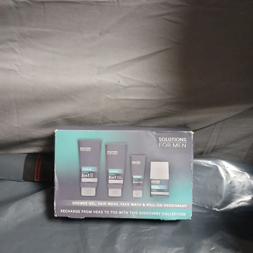 SOLUTIONS FOR MEN DISCOVERY COLLECTION – SHOWER GEL, HAIR WASH, FACE WASH & ROLL-ON DEODORANT (BOXED)