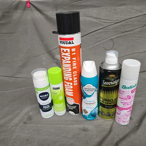 APPROXIMATELY 18 ASSORTED AEROSOLS TO INCLUDE BATISTE GENTLE DRY SHAMPOO, SOVEREIGN TURBOJT AIR SANITISER, SOUDAL EXPANDING FOAM, ETC - COLLECTION ONLY