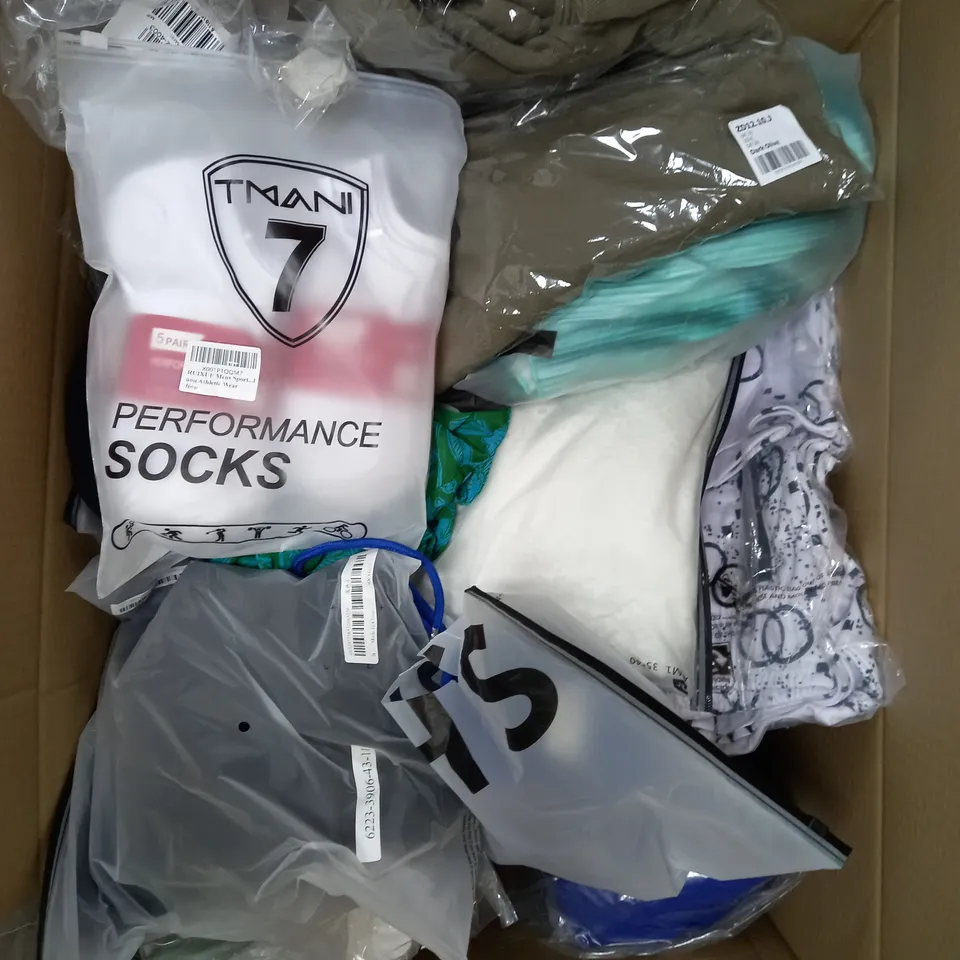 BOX OF APPROXIMATELY 25 ASSORTED CLOTHING PRODUCTS IN VARIOUS SIZES TO INCLUDE UNDERWEAR, SHIRTS, JUMPERS ETC 