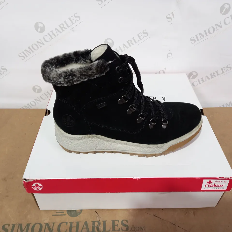 BOXED PAIR OF RIEKER BLACK BOOTS - SIZE 38