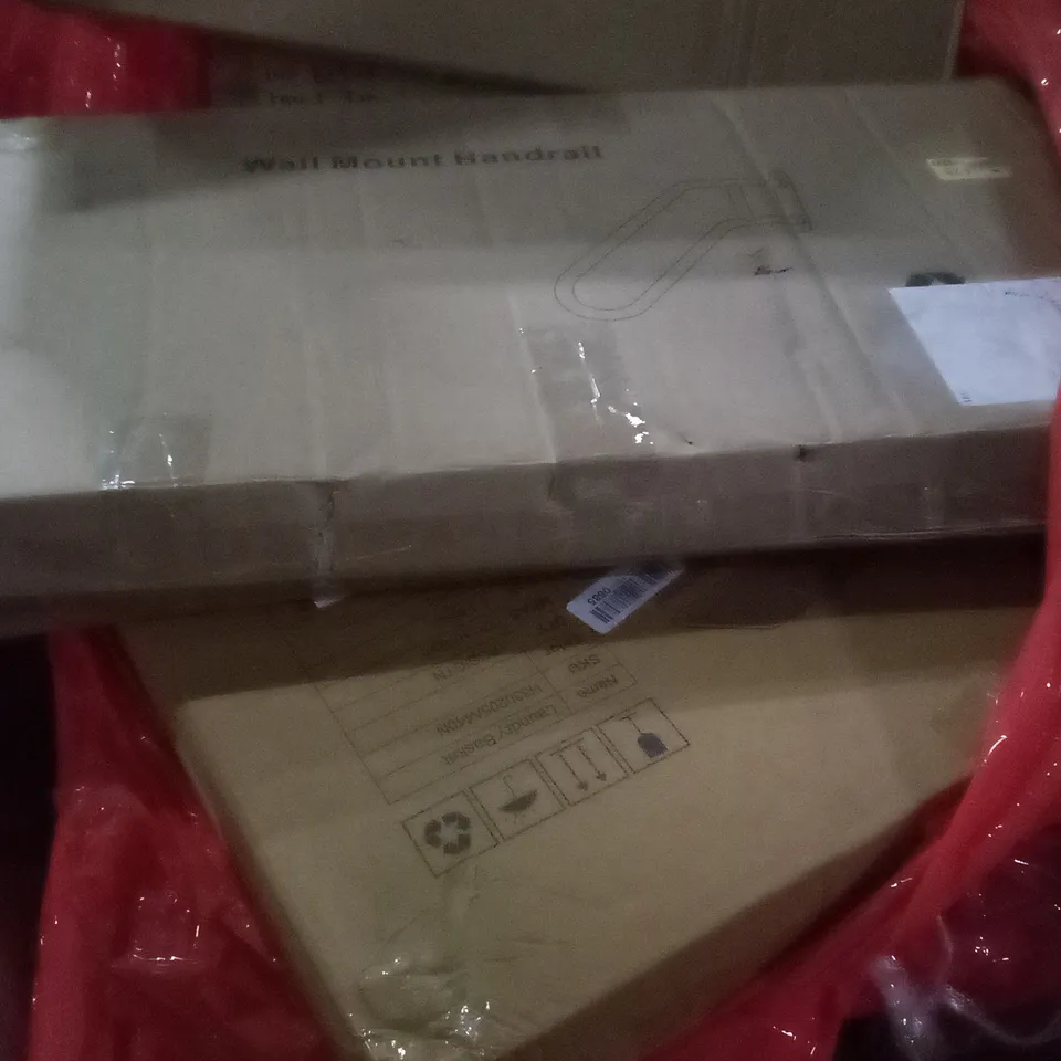 PALLET OF ASSORTED ITEMS INCLUDING TOILET SEAT LAUNDRY BASKET, WALL MOUNT HANDRAIL, TOY SWORD