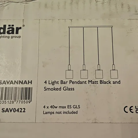 BOXED DAR SAVANNAH 4-LIGHT BAR PENDANT CEILING LIGHT IN MATT BLACK & SMOKED GLASS