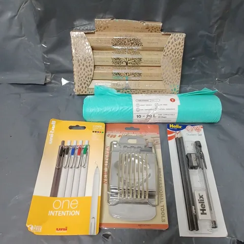 BOX OF APPROXIMATELY 20 ASSORTED HOUSEHOLD ITEMS TO INCLUDE COMPOSTIBLE BIN LINERS, STATIONARY AND INCENSE STICKS