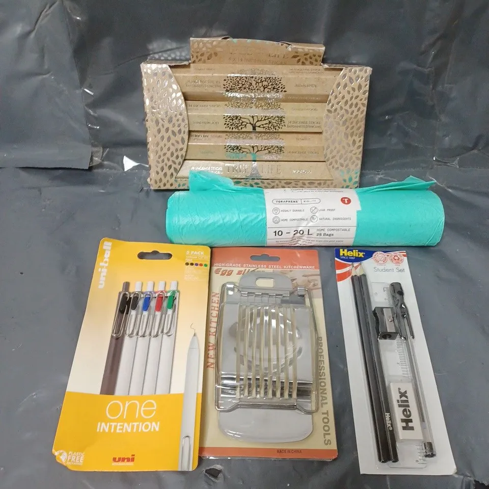BOX OF APPROXIMATELY 20 ASSORTED HOUSEHOLD ITEMS TO INCLUDE COMPOSTIBLE BIN LINERS, STATIONARY AND INCENSE STICKS