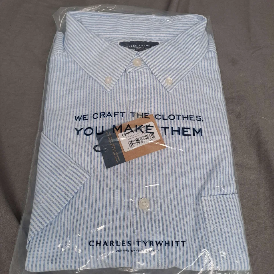 CHARLES TYRWHITT STRIPE BUTTON DOWN WASHED OXFORD SHIRT IN OCEAN BLUE SIZE XL