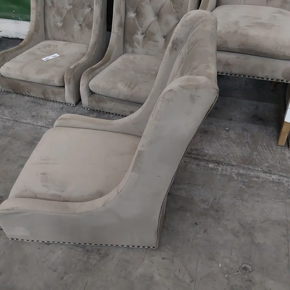 SET OF SIX DESIGNER UPHOLSTERED BUTTONED BACK DINING CHAIRS (LEGS PRESENT)