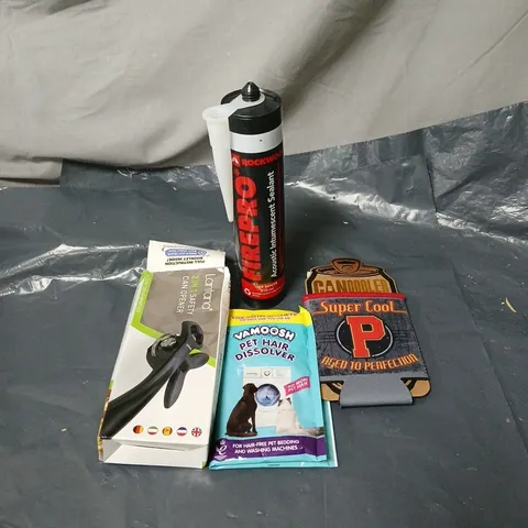 APPROXIMATELY 15 ASSORTED HOUSEHOLD ITEMS TO INCLUDE CAN COOLER, PET HAIR DISSOLVER, CAN OPENER, SEALANT ETC
