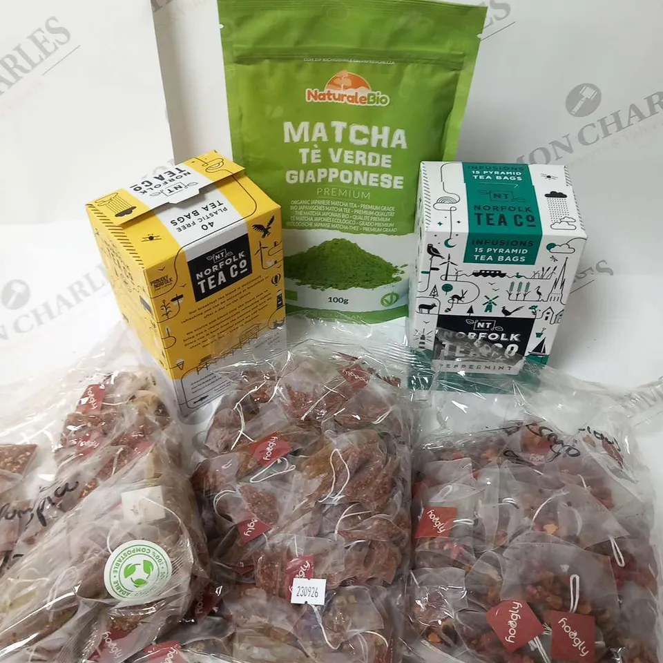 APPROXIMATELY SEVEN ASSORTED TEA PRODUCTS TO INCLUDE; NATURALE BIO, NORFOLK TEA AND HOOGLY