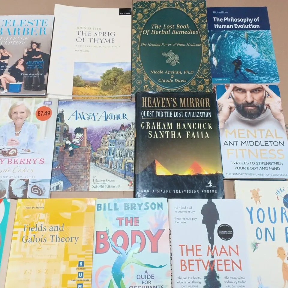 LARGE QUANTITY OF ASSORTED BOOKS TO INCLUDE CRYSTALS TO MANIFEST, ANT MIDDLETON MENTAL FITNESS AND CLASSIC CAKE AND BISCUITS