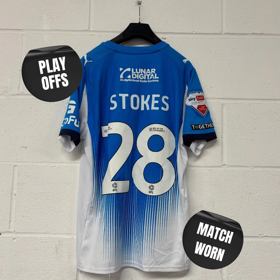 STOCKPORT COUNTY F.C PLAY-OFFS MATCH WORN HOME SHIRT IN BLUE/WHITE - EU M / JOSH STOKES #28