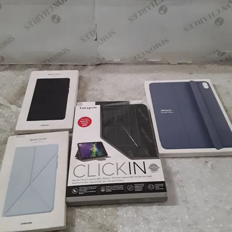 BOX OF APPROXIMATELY 16 TECH ACCESSORIES INCLUDING; IPAD AIR SMART FOLIO, SAMSUNG GALAXY TAB A9 BOOK COVER, TARGUS CLICK IN POUCE ETC 