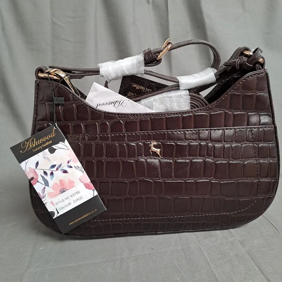 ASHWOOD LUXURY LEATHER BROWN HANDBAG CROCODILE SKIN EFFECT 
