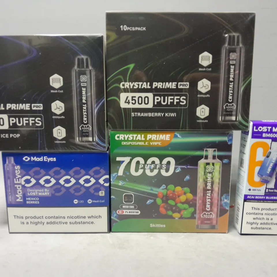 APPROXIMATELY 6 ASSORTED E-CIGARETTE PRODUCTS TO INCLUDE - LOST MARY , CRYSTAL PRIME , MAD EYES 