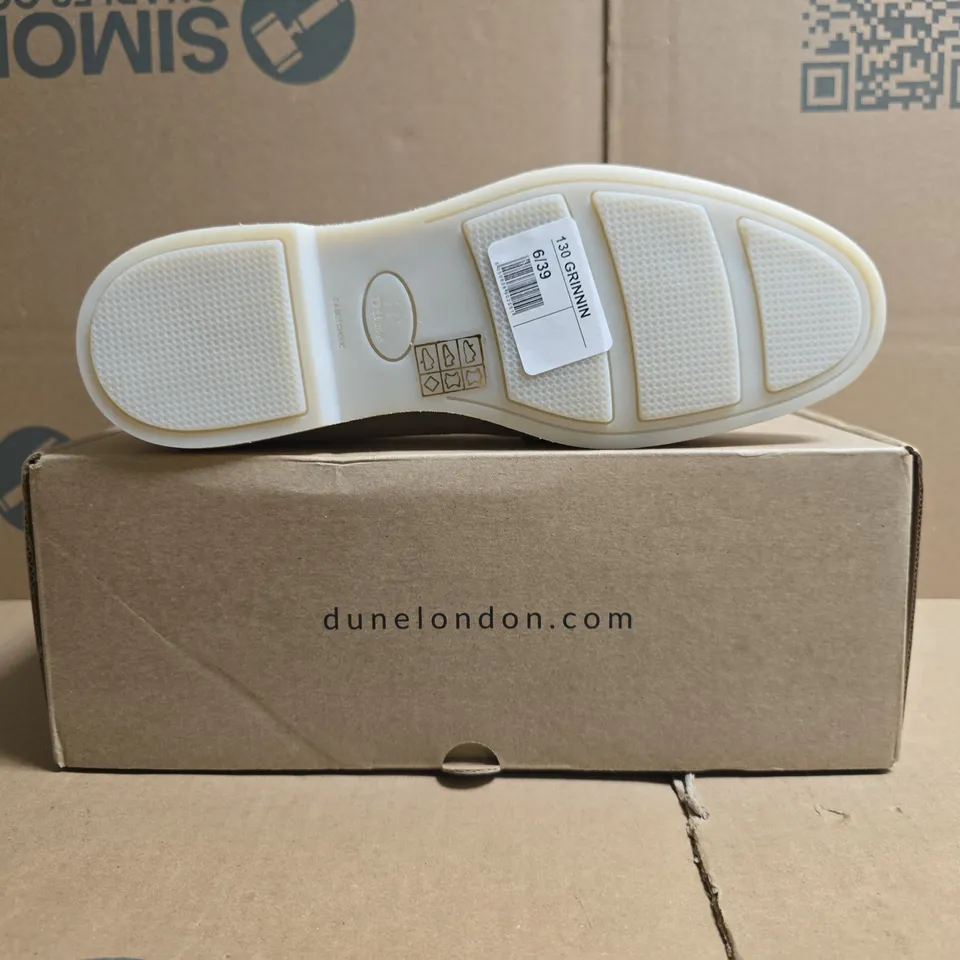 BOXED PAIR OF DUNE LONDON 130 GRINNIN UNLINED SUEDE LOAFERS IN SAND SIZE UK 6