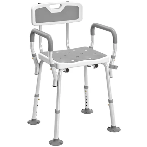 BOXED HOMCOM EVA PADDED SHOWER CHAIR FOR THE ELDERLY AND DISABLED, HEIGHT ADJUSTABLE SHOWER STOOL WITH BACK AND ARMS, 4 SUCTION FOOT PADS, LIGHT GREY