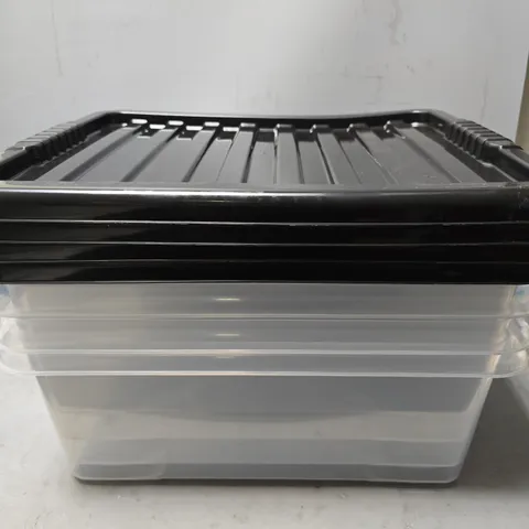 SET OF 4 KLASS 30L CLEAR PLASTIC STORAGE BOXES WITH BLACK LIDS 