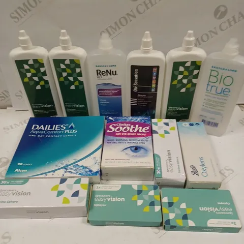 BOX TO CONTAIN APPROX. 20 X ASSORTED VISON CARE PRODUCTS. INCLUDES CONTACT LENSES AND CLEANING SOLUTION. BRANDS VARY - COLLECTION ONLY