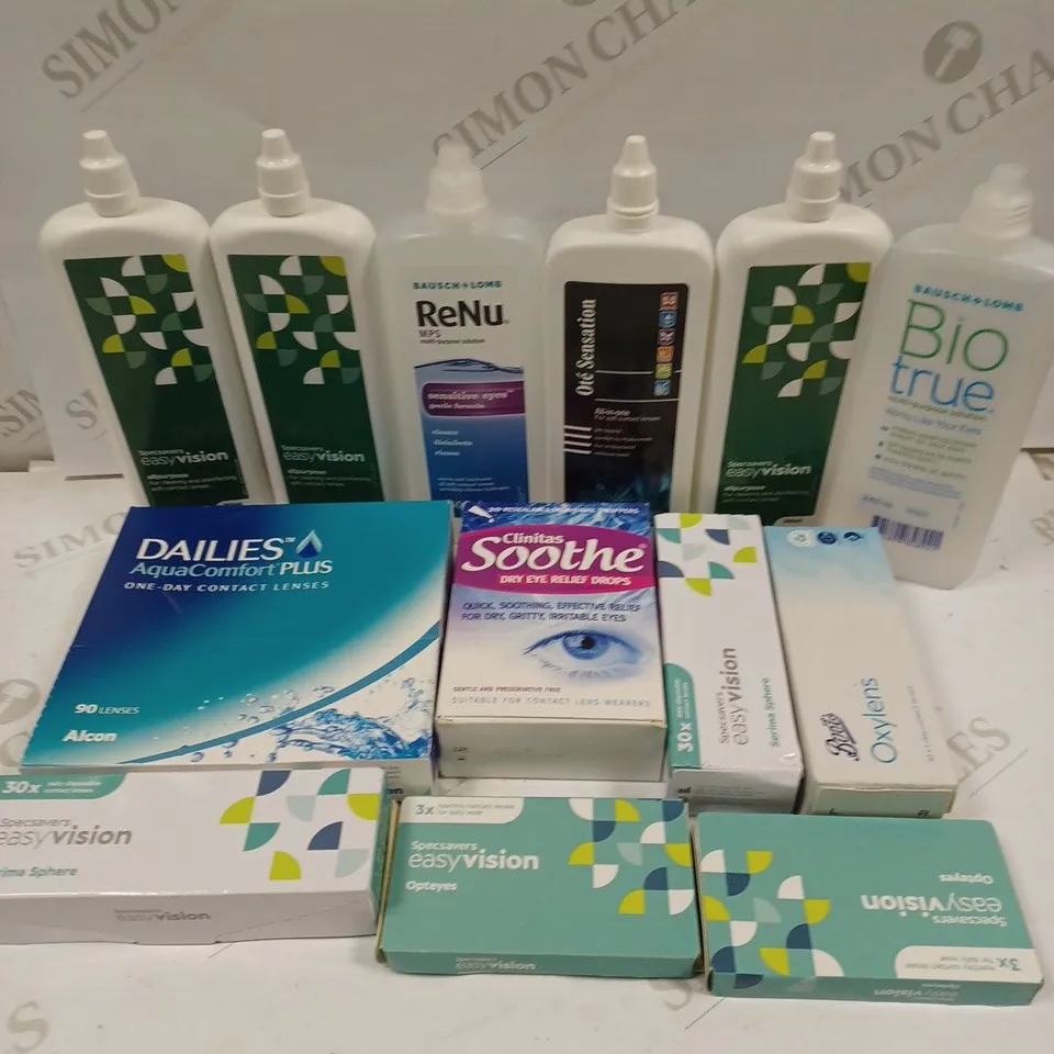 BOX TO CONTAIN APPROX. 20 X ASSORTED VISON CARE PRODUCTS. INCLUDES CONTACT LENSES AND CLEANING SOLUTION. BRANDS VARY - COLLECTION ONLY