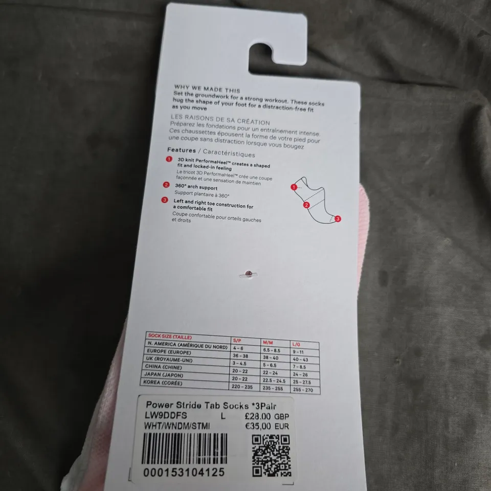 Power Stride Training Socks – 3 Pack, Pink/White – Size L