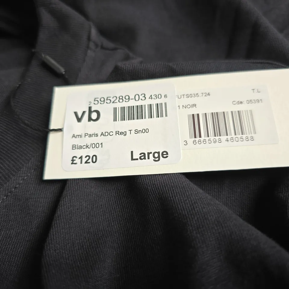 AMI PARIS T-SHIRT - BLACK, LARGE (LOGO ON CHEST)