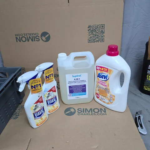 TOTE OF 2X VIAKAL CLEANER, BYOTROL MULTIPURPOSE CLEANER AND ASEVI LAUNDRY DETERGENT 