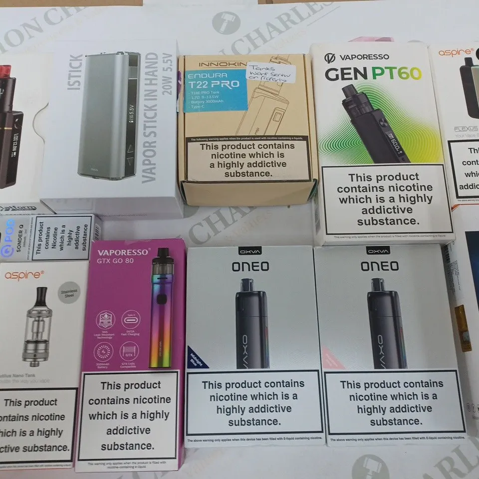 LOT OF 20 ASSORTED E-CIGS AND PARTS TO INCLUDE ASPIRE, VAPORESSO AND OXVA