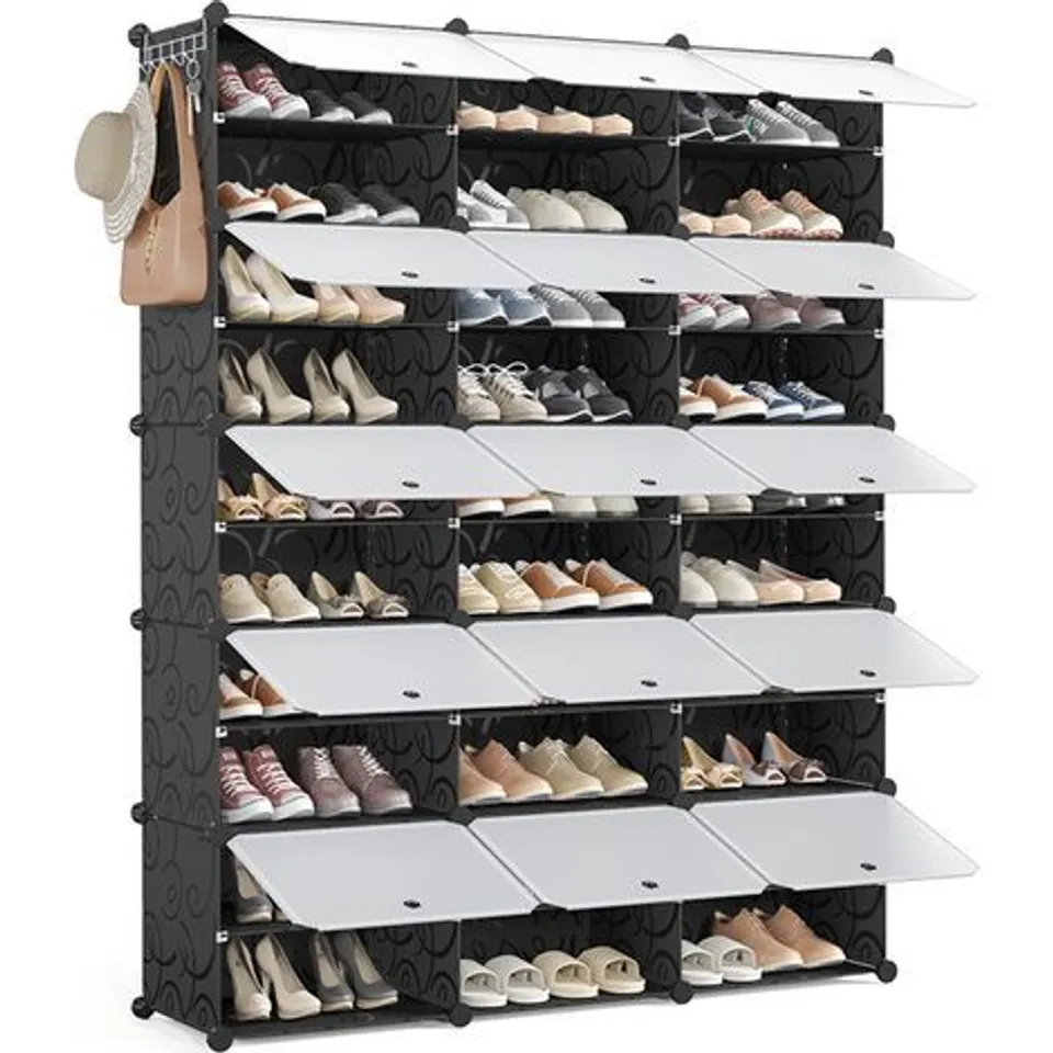 BOXED MONDEER – 15-COMPARTMENT SHOE CABINET – PP PLASTIC CABINET 125x32x156cm – MODULAR STORAGE FOR 60 PAIRS – BLACK (1 BOX)